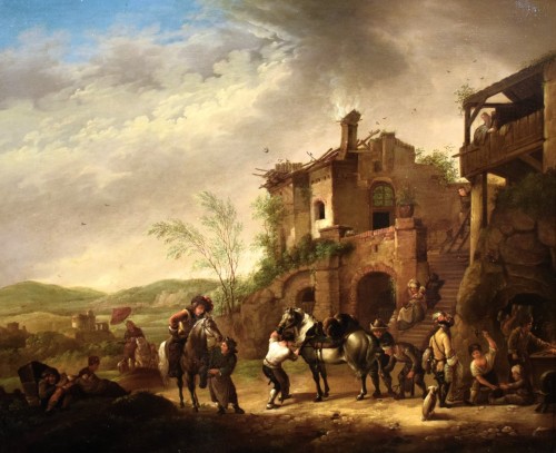 Horsemen Resting in the Village  Flemish Master, Mid-19th century - Paintings & Drawings Style Restauration - Charles X